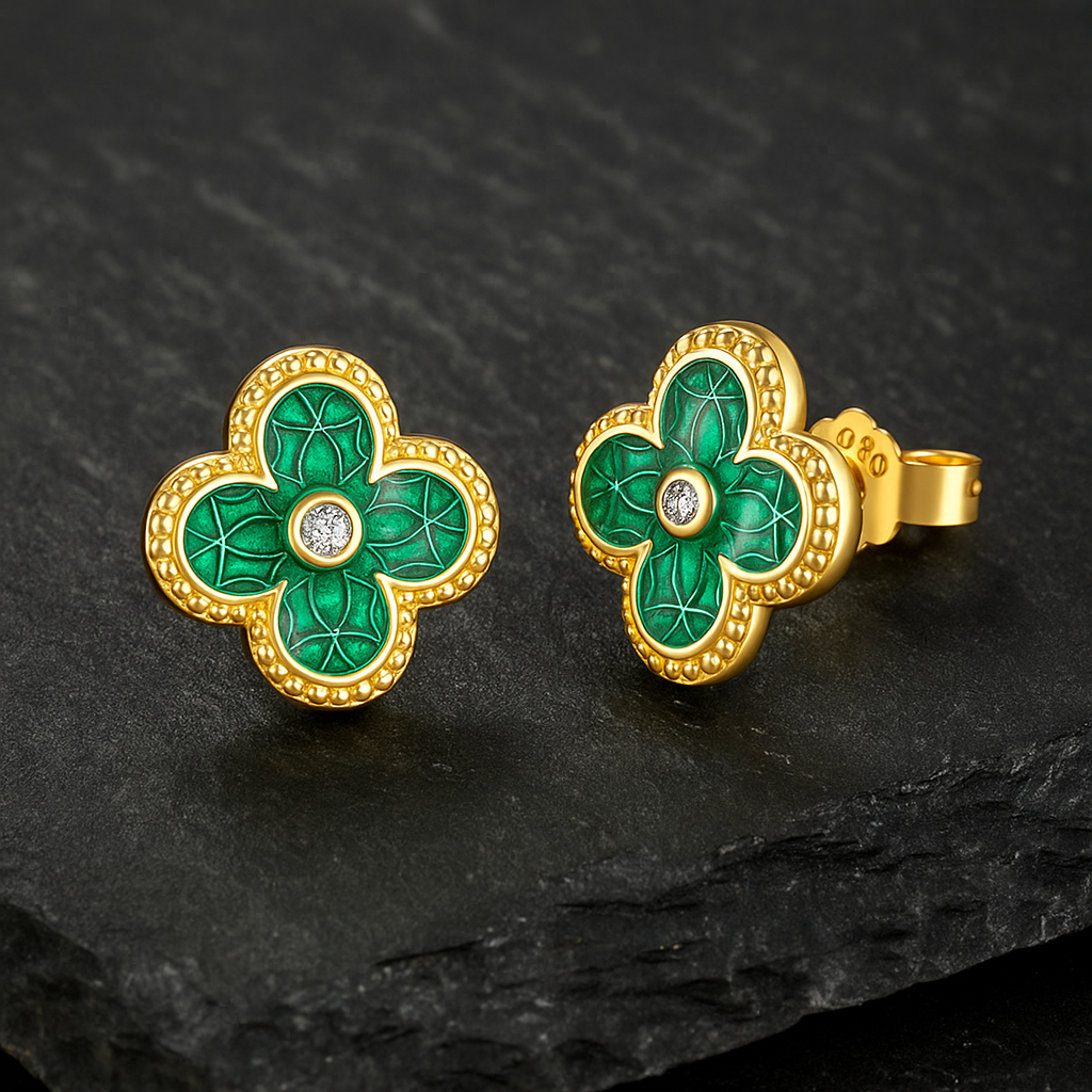 THE RICH CO - STERLING SILVER 18KT YELLOW GOLD PLATED GREEN CLOVER EARRINGS