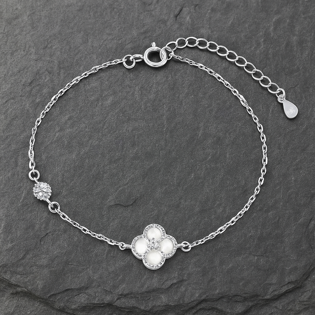 THE RICH CO - STERLING SILVER 18KT WHITE GOLD SILVER PLATED MOP CLOVER BRACELET
