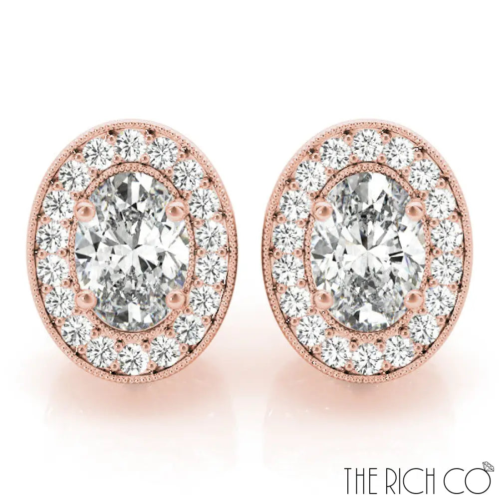 The Rich Co - Chanel Set Gold Oval Cut Halo Earrings 18Kt Rose Gold / 1.12 Ct Tw Earrings