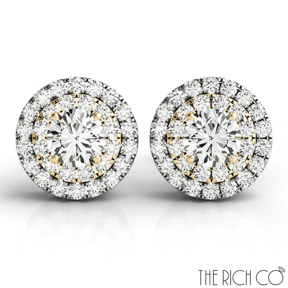 The Rich Co - Gold Brilliant Round Center Double Halo 18Kt Yellow Gold / 2.11 Ct Tw Earrings