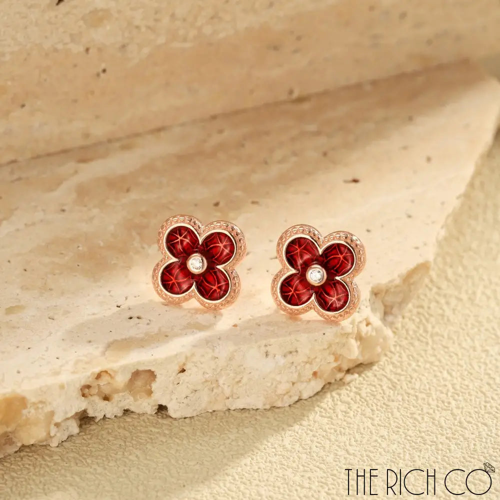 The Rich Co - Sterling Silver 18Kt Rose Gold Plated Red Clover Earrings Earrings