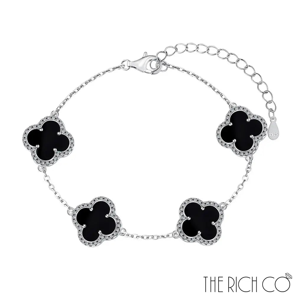 The Rich Co - Sterling Silver 18Kt White Gold Plated Black Clover Bracelet Silver 18Kt White Gold