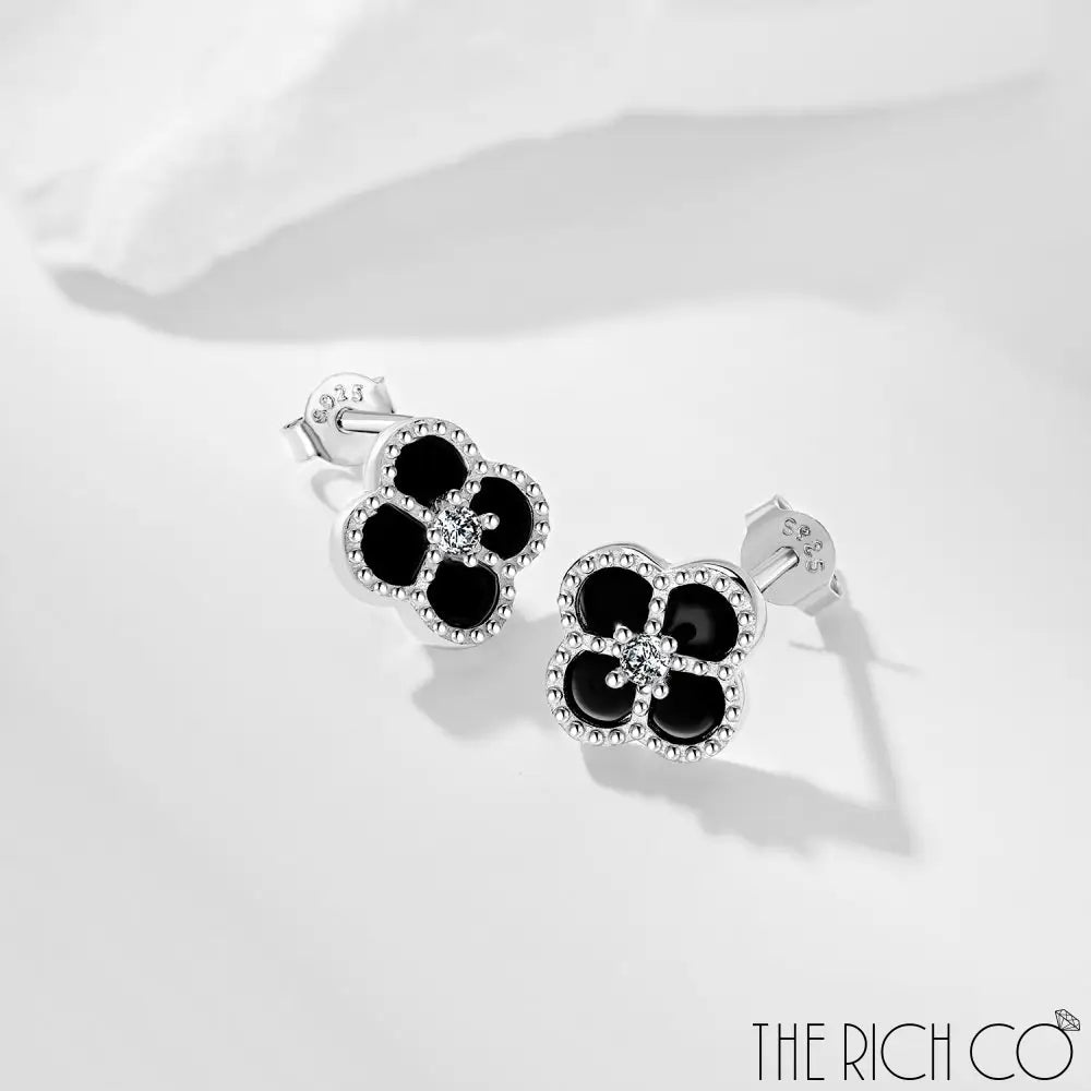 The Rich Co - Sterling Silver 18Kt White Gold Plated Black Clover Earrings Earrings