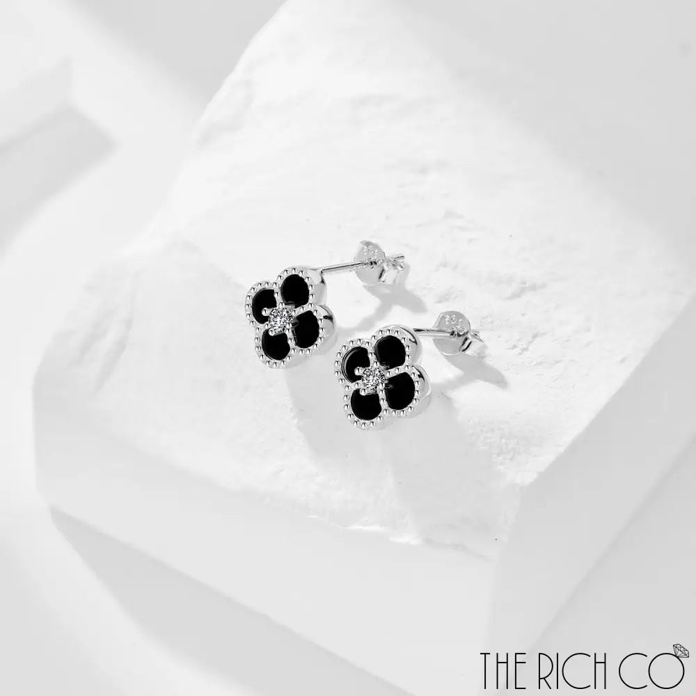 The Rich Co - Sterling Silver 18Kt White Gold Plated Black Clover Earrings Earrings