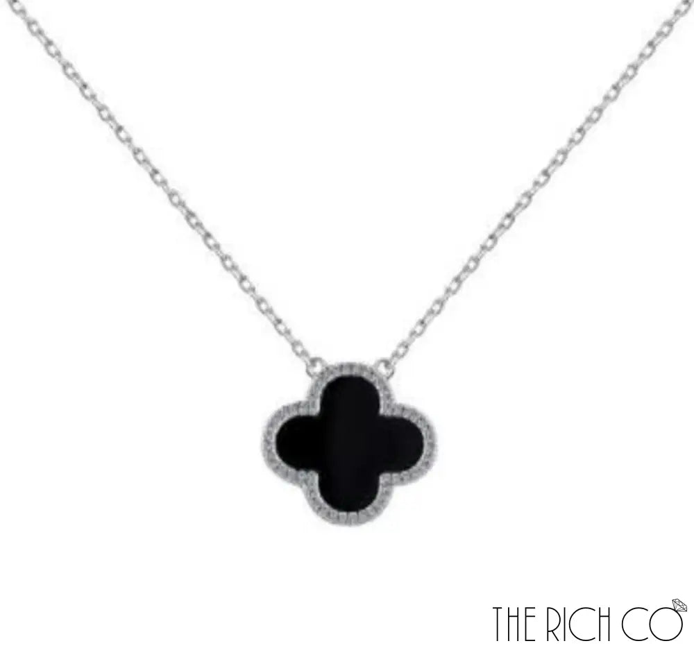 The Rich Co - Sterling Silver 18Kt White Gold Plated Black Clover Pendant Necklaces