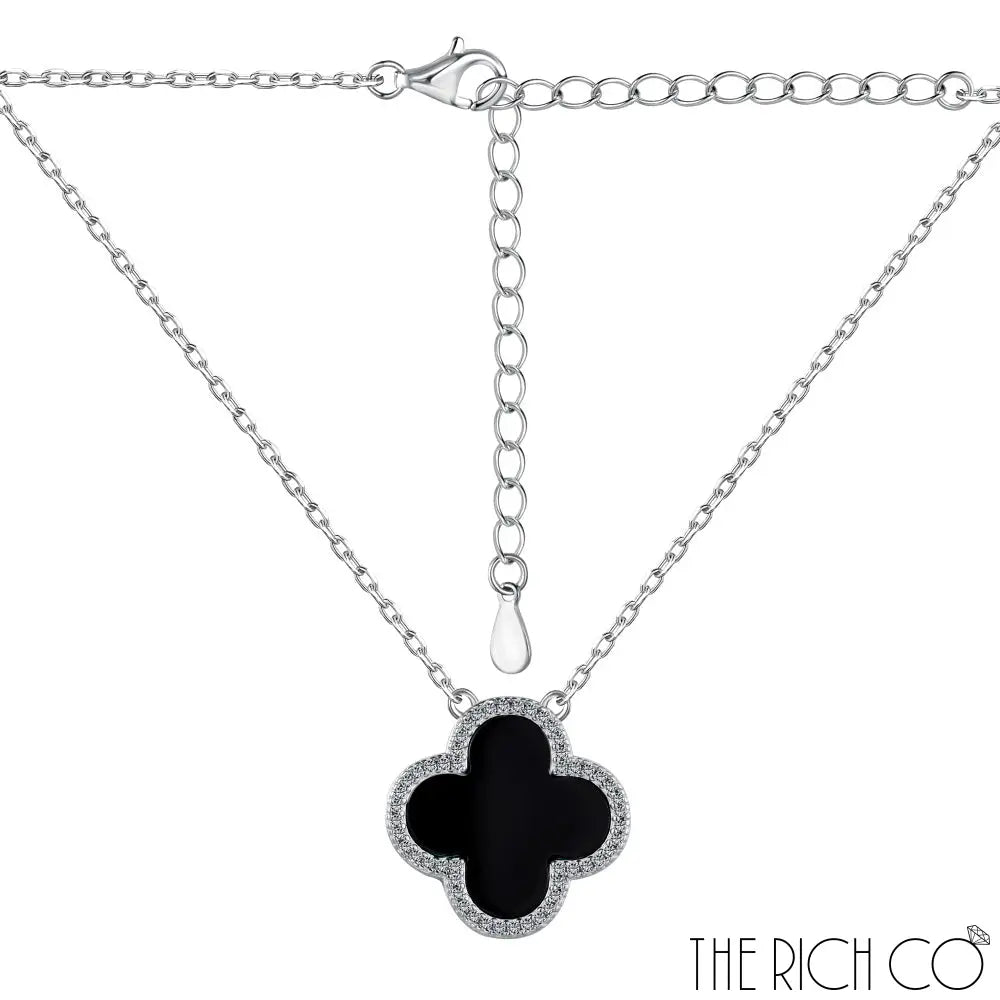 The Rich Co - Sterling Silver 18Kt White Gold Plated Black Clover Pendant Necklaces