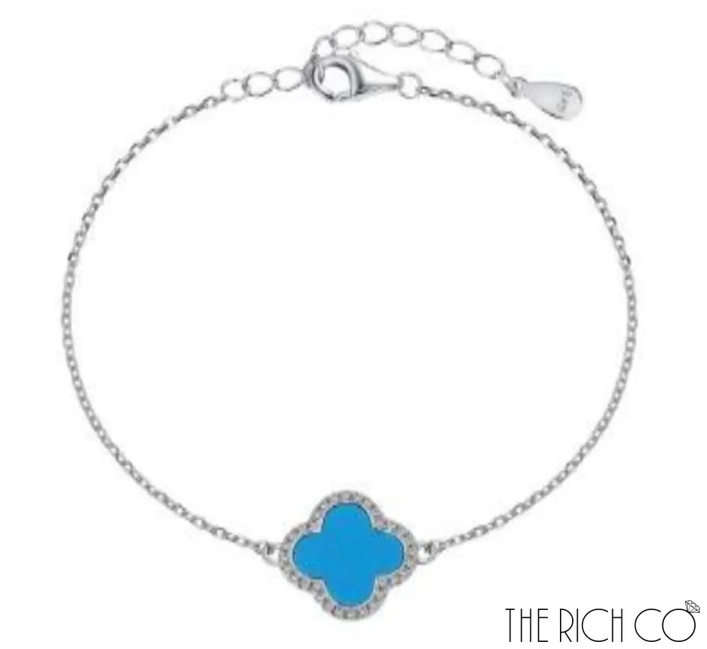 The Rich Co - Sterling Silver 18Kt White Gold Plated Blue Clover Bracelet Silver 18Kt White Gold