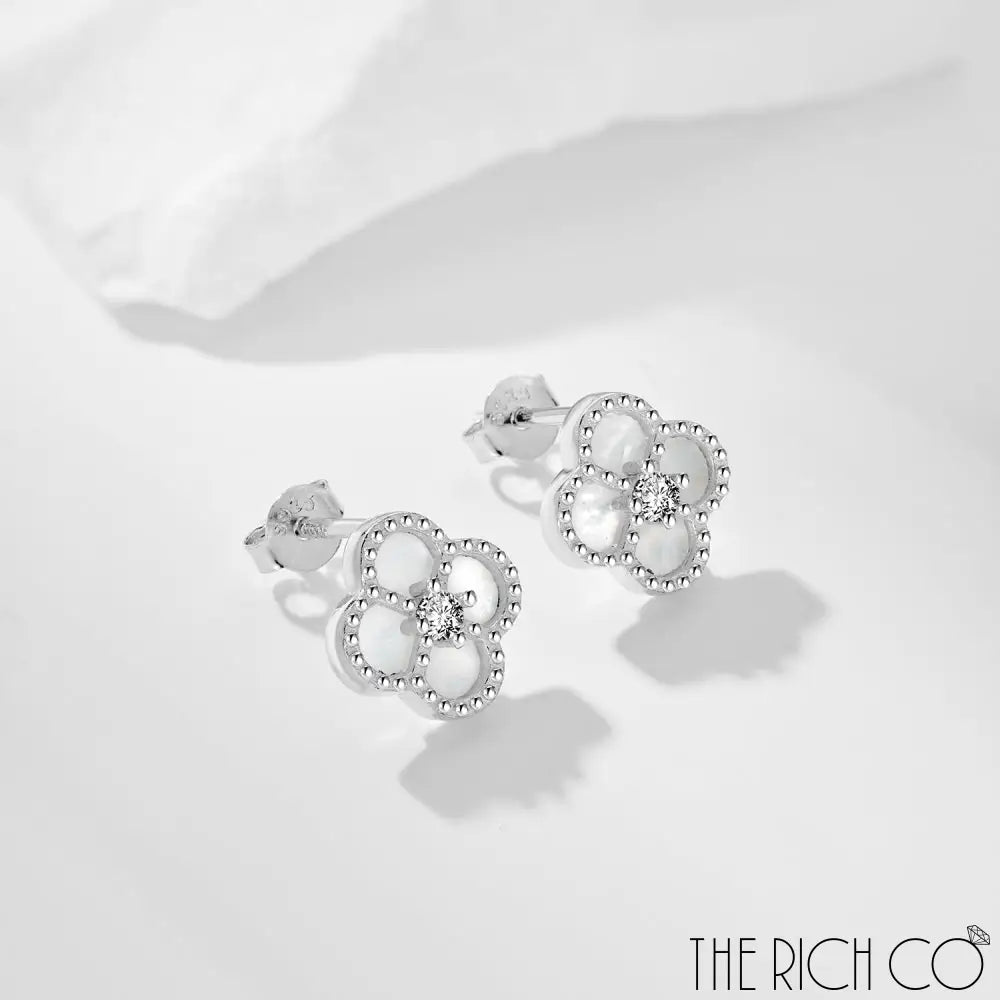 The Rich Co - Sterling Silver 18Kt White Gold Plated Mop Clover Earrings Earrings