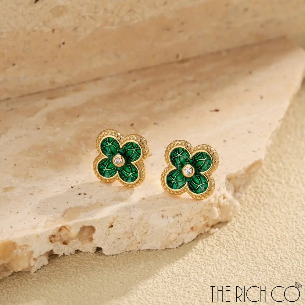 The Rich Co - Sterling Silver 18Kt Yellow Gold Plated Green Clover Earrings Earrings