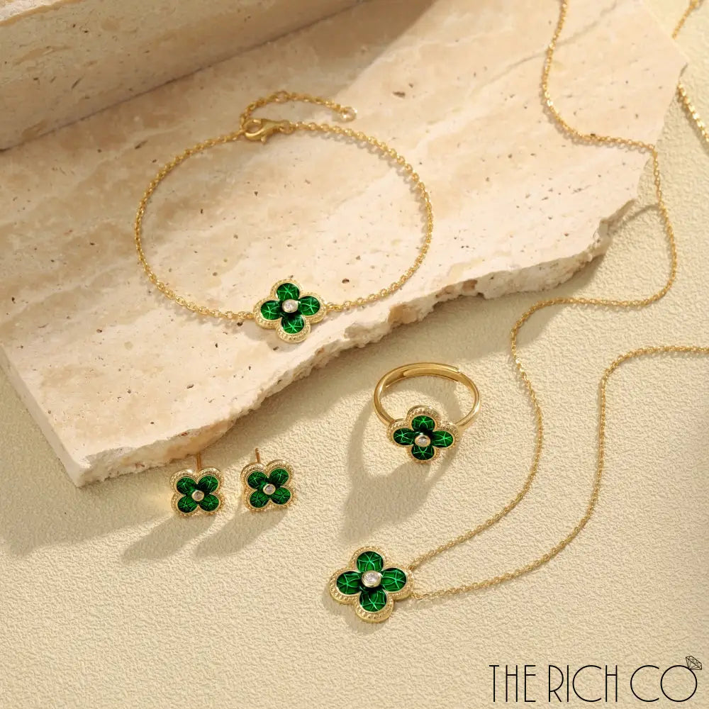 The Rich Co - Sterling Silver 18Kt Yellow Gold Plated Green Clover Earrings Earrings