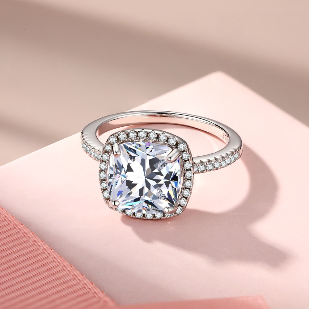 THE RICH CO - STERLING SILVER CUBIC ZIRCONIA 4 CT CUSHION CUT HALO RING