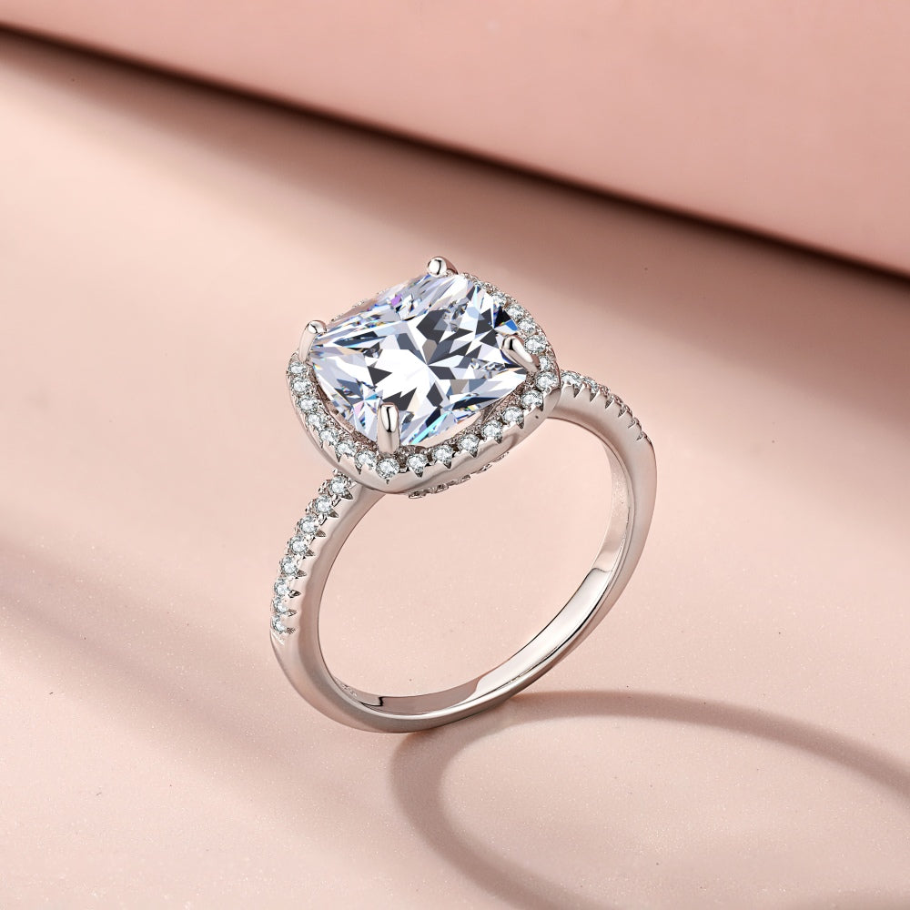 THE RICH CO - STERLING SILVER CUBIC ZIRCONIA 4 CT CUSHION CUT HALO RING
