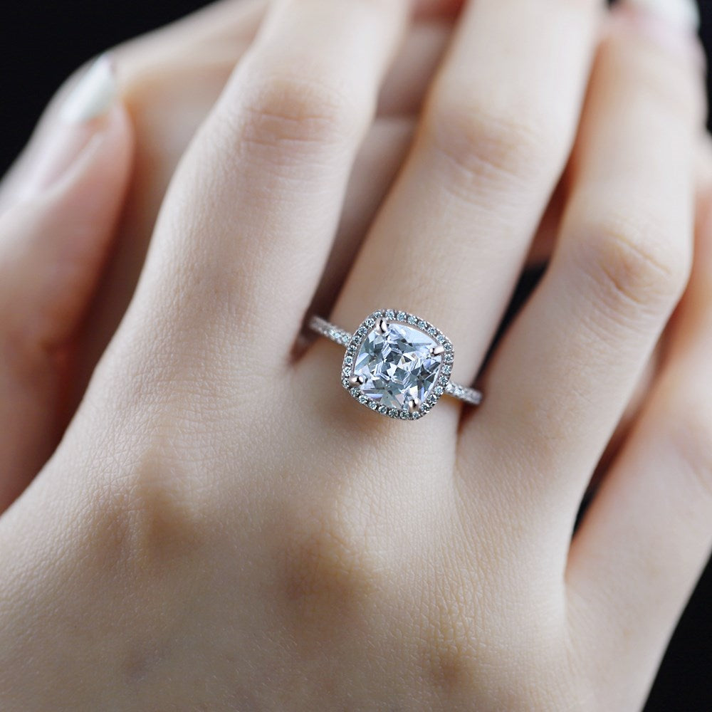 THE RICH CO - STERLING SILVER CUBIC ZIRCONIA 4 CT CUSHION CUT HALO RING