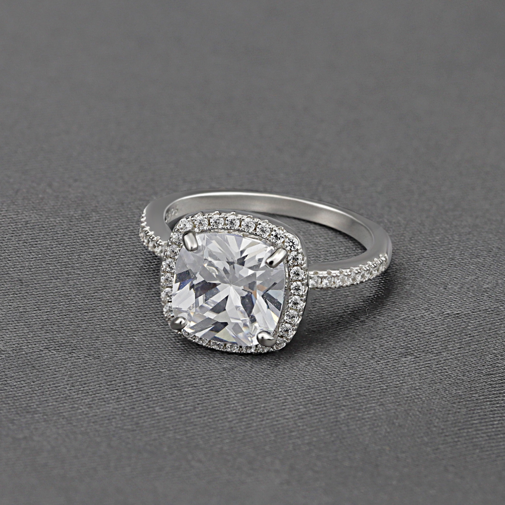 THE RICH CO - STERLING SILVER CUBIC ZIRCONIA 4 CT CUSHION CUT HALO RING