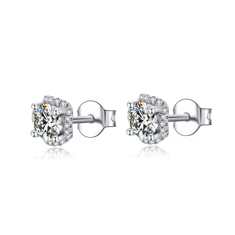 THE RICH CO - 0.5CT MOISSANITE STONE STERLING SILVER HALO EARRINGS