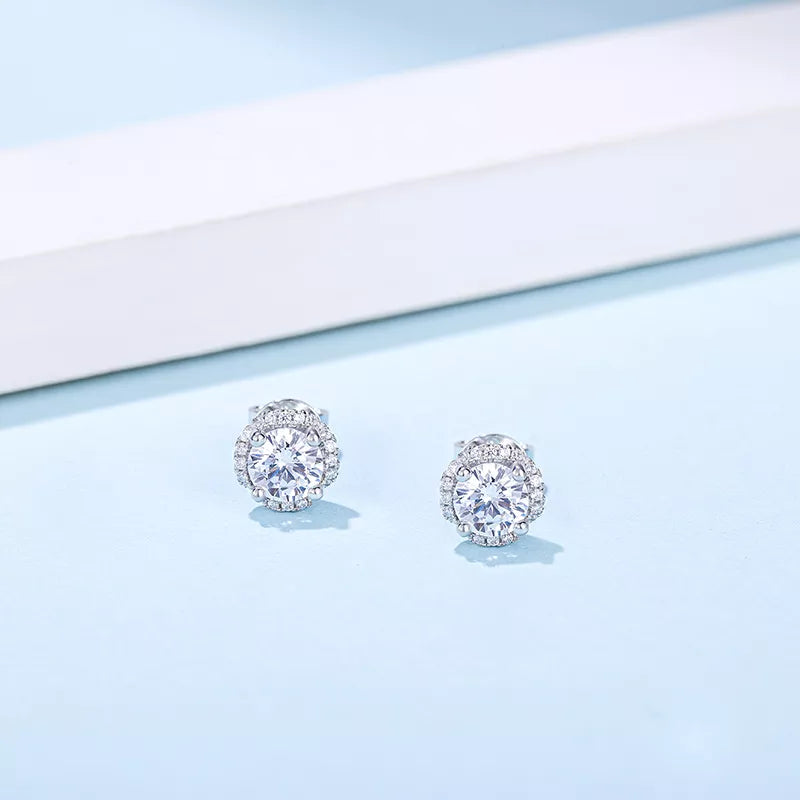 THE RICH CO - 0.5CT MOISSANITE STONE STERLING SILVER HALO EARRINGS